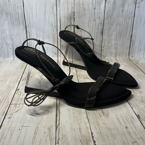 Good American Women’s Black Neoprene Pointy Toe Strappy Clear Heel Shoes size 7 - Picture 1 of 11